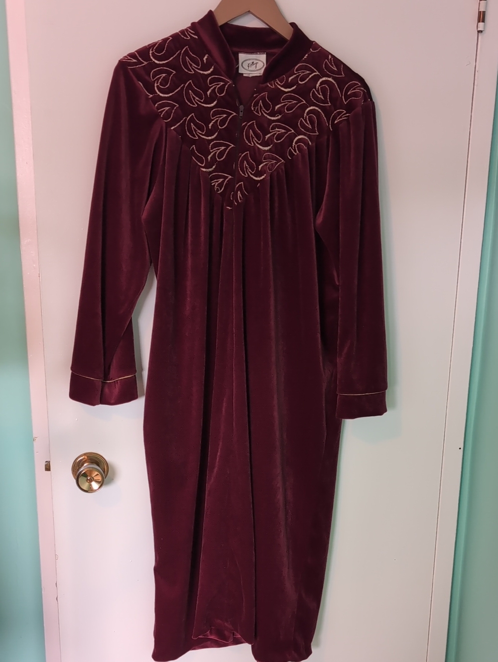 Kelly Vintage Burgundy Velvet Night Gown w Embroidered Yoke